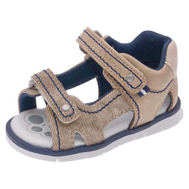 Sandalo beige unisex Chicco Figi per bambino con dettagli blu, punta aperta e doppio strappo Flex-zone. | Chicco
