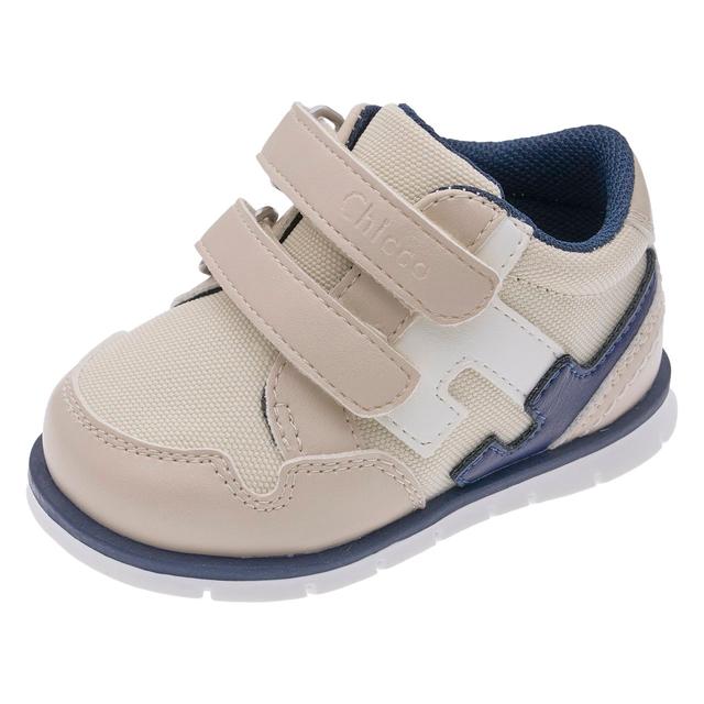 Sneakers primi passi unisex Chicco beige con inserti in tessuto e dettagli blu, chiusura a doppio strappo e suola flessibile. | Chicco