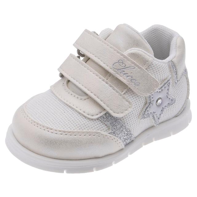 Sneakers primi passi Chicco per bambina con inserto glitterato a forma di falena e dettagli strass, suola flessibile Flex-zone, colore bianco. | Chicco