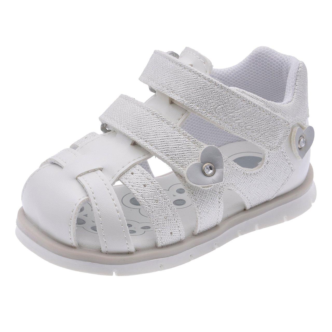 Sandalo primi passi da bambina Chicco Fiandra bianco con cuori e strass, punta chiusa e doppio strappo regolabile. | Chicco
