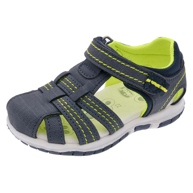 Sandalo bambino unisex Chicco color jeans con dettagli a contrasto giallo fluo, punta e tallone chiusi, suola Flex-zone e sottopiede Impronta Chicco. | Chicco