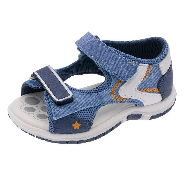 Sandalo bambino Chicco Facci blu jeans con dettagli arancioni e bianchi, tallone chiuso, doppio strappo e suola Flex-zone. | Chicco