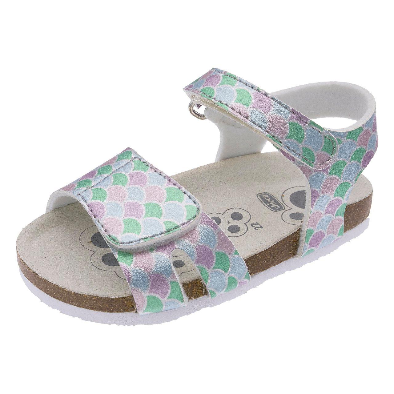 Sandalo da bambina Chicco Frully bianco con cuoricini fuxia, doppio strappo regolabile e sottopiede Impronta Chicco. | Chicco