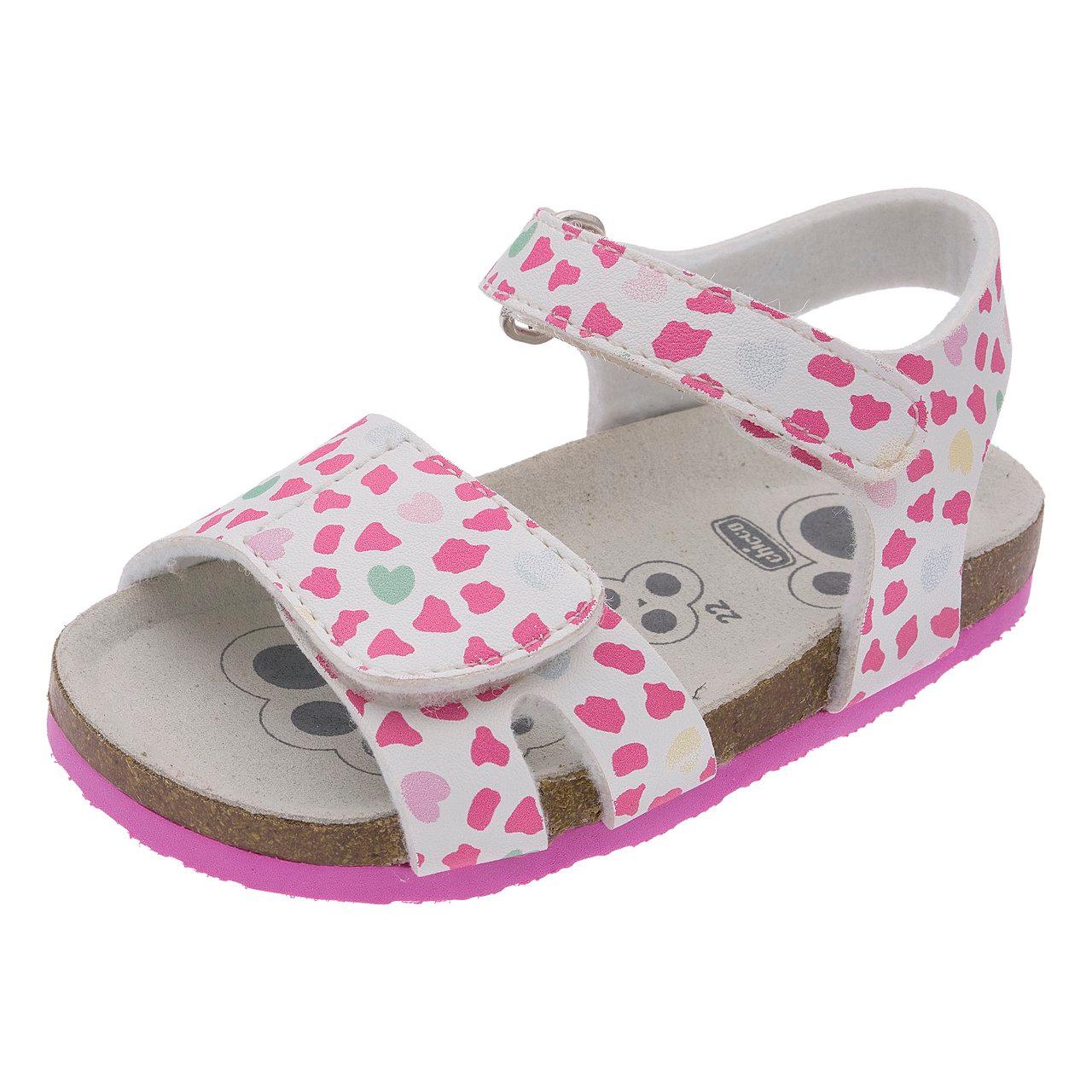 Sandalo da bambina Chicco Frully bianco con cuoricini fuxia, doppio strappo regolabile e sottopiede Impronta Chicco. | Chicco
