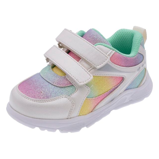 Sneakers bambina Chicco arancioni con inserto glitter multicolor, chiusura a doppio strappo e sottopiede Impronta Chicco per il supporto plantare. | Chicco