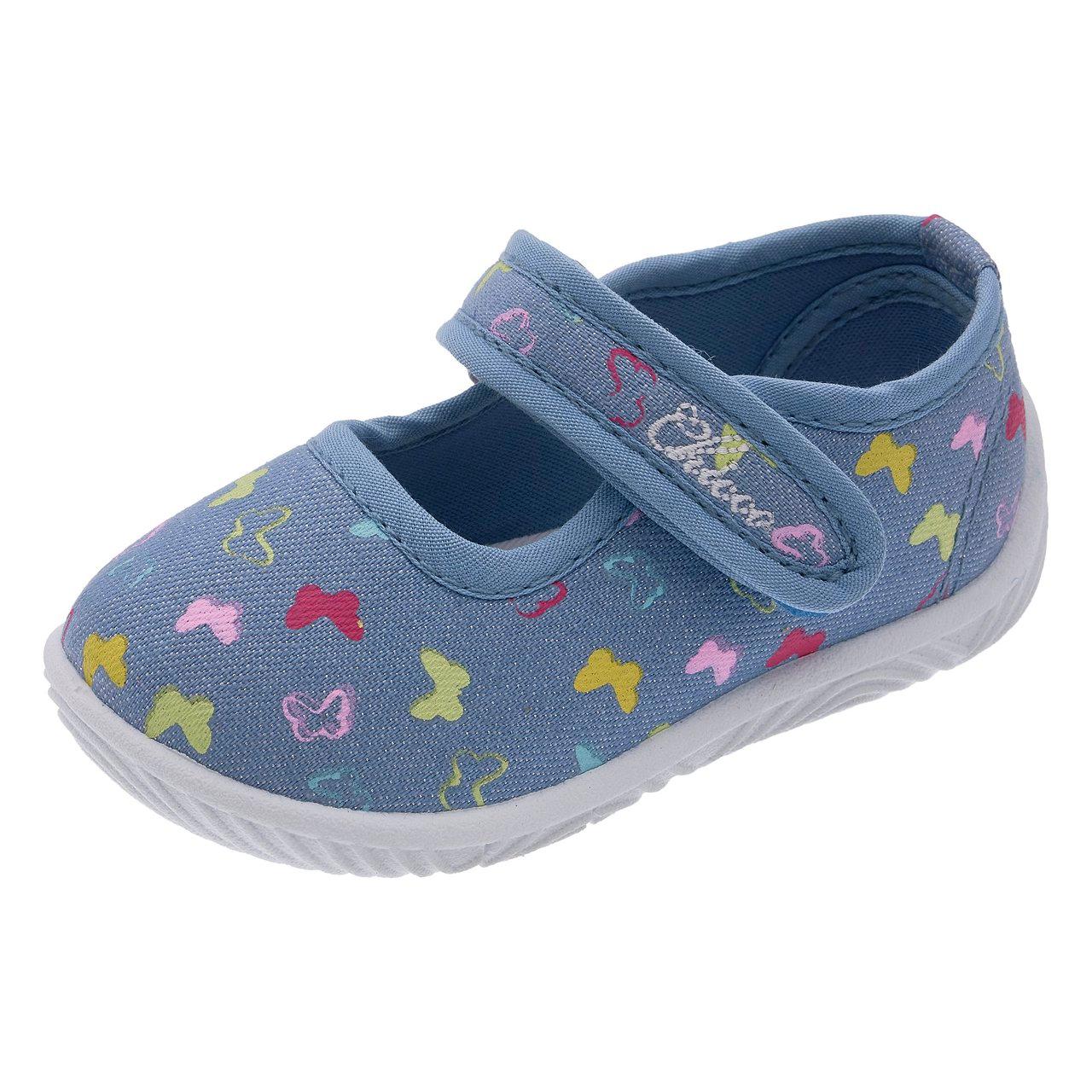 Pantofola da bambina Chicco Tanya in tessuto glitterato effetto jeans con stampe di farfalle multicolore, chiusura a strappo e suola flessibile. | Chicco