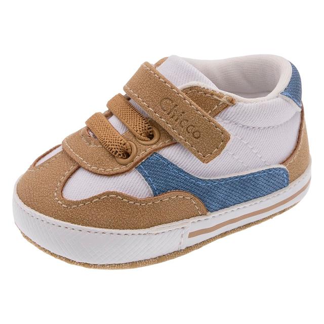 Sneakers unisex Chicco Nolty beige con dettagli bianchi e avio, chiusura a strappo e lacci elastici, perfette per bambini in primavera ed estate. | Chicco