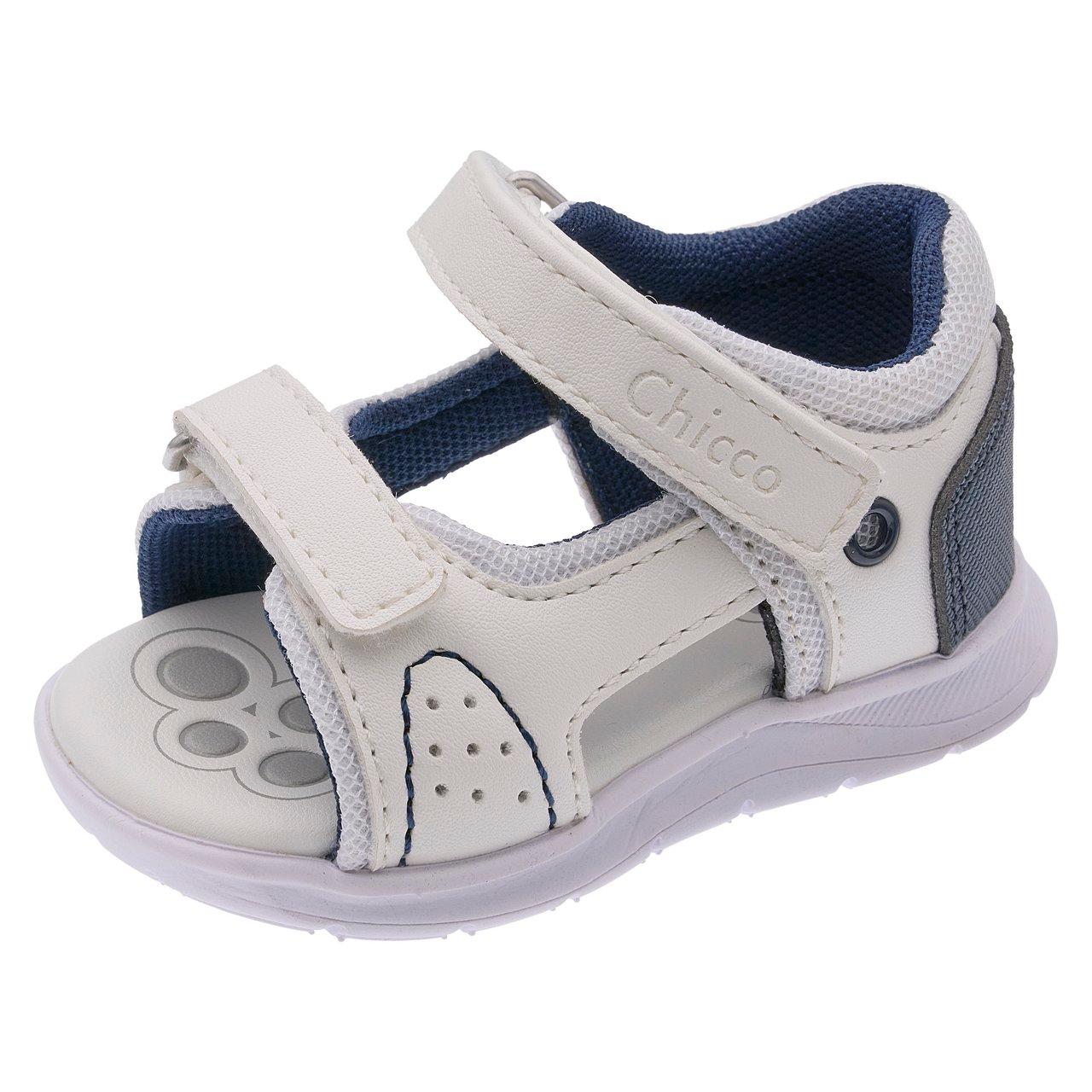 Sandalo primi passi per bambino Chicco Ginko bianco con dettagli blu, a punta aperta, suola superleggera e sottopiede "Impronta Chicco". | Chicco