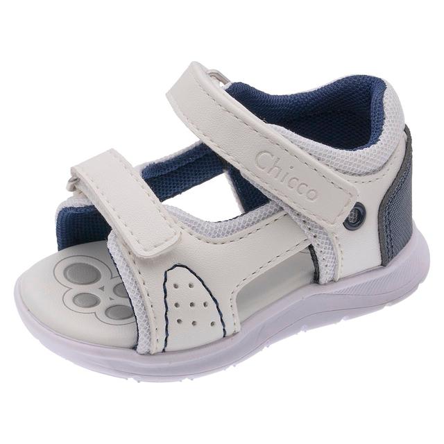 Sandalo primi passi per bambino Chicco Ginko bianco con dettagli blu, a punta aperta, suola superleggera e sottopiede "Impronta Chicco". | Chicco
