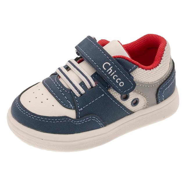 Sneakers primi passi unisex Chicco Gristy blu con inserto in tessuto tecnico e fodera rossa, suola flessibile e chiusura con strappo e lacci elastici. | Chicco