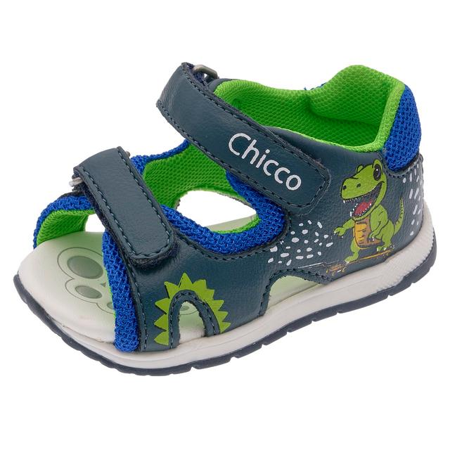 Sandalo bambino Chicco Giocondo blu unisex con stampa dinosauro, punta aperta e doppio strappo regolabile per i primi passi. | Chicco