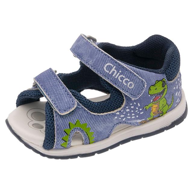 Sandalo bambino Chicco Giocondo blu unisex con stampa dinosauro, punta aperta e doppio strappo regolabile per i primi passi. | Chicco