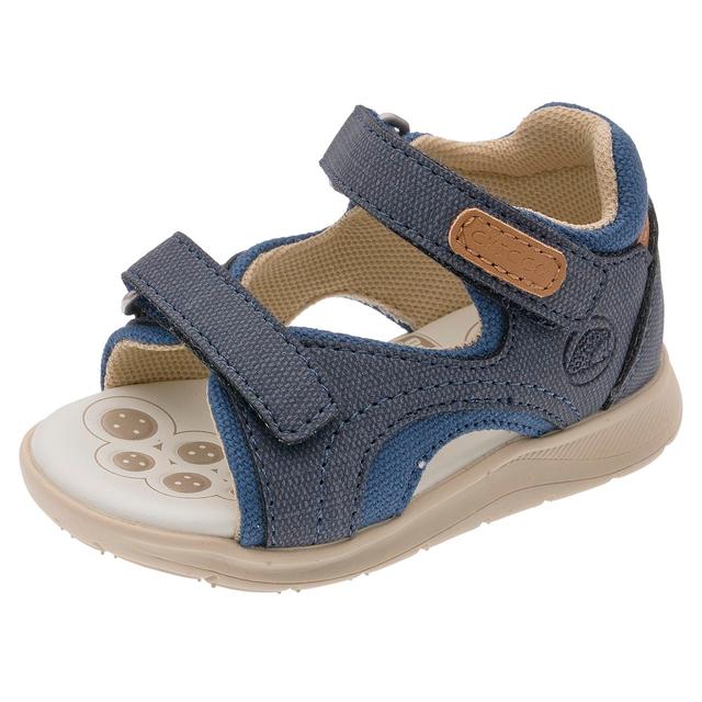 Sandalo primi passi unisex Gionas Chicco blu con dettagli color cuoio, punta aperta e doppio strappo, suola con 20% materiali riciclati. | Chicco