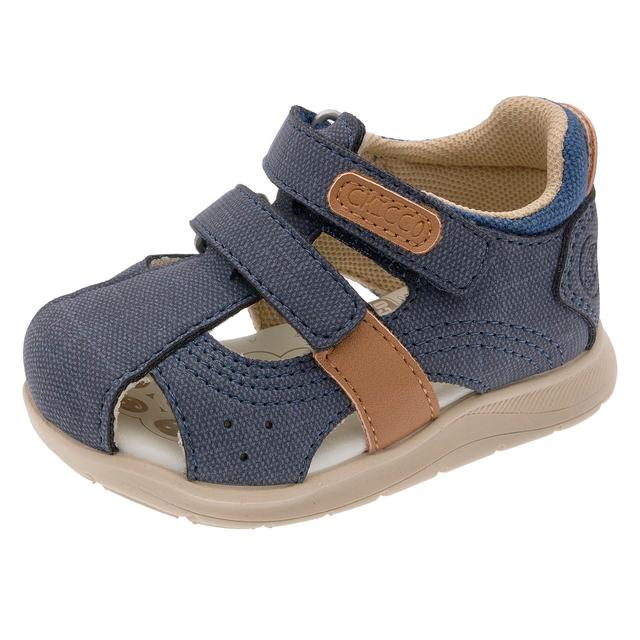 Sandalo primi passi unisex Chicco blu, ideale per primavera/estate, con punta chiusa e suola flessibile in materiali riciclati. | Chicco