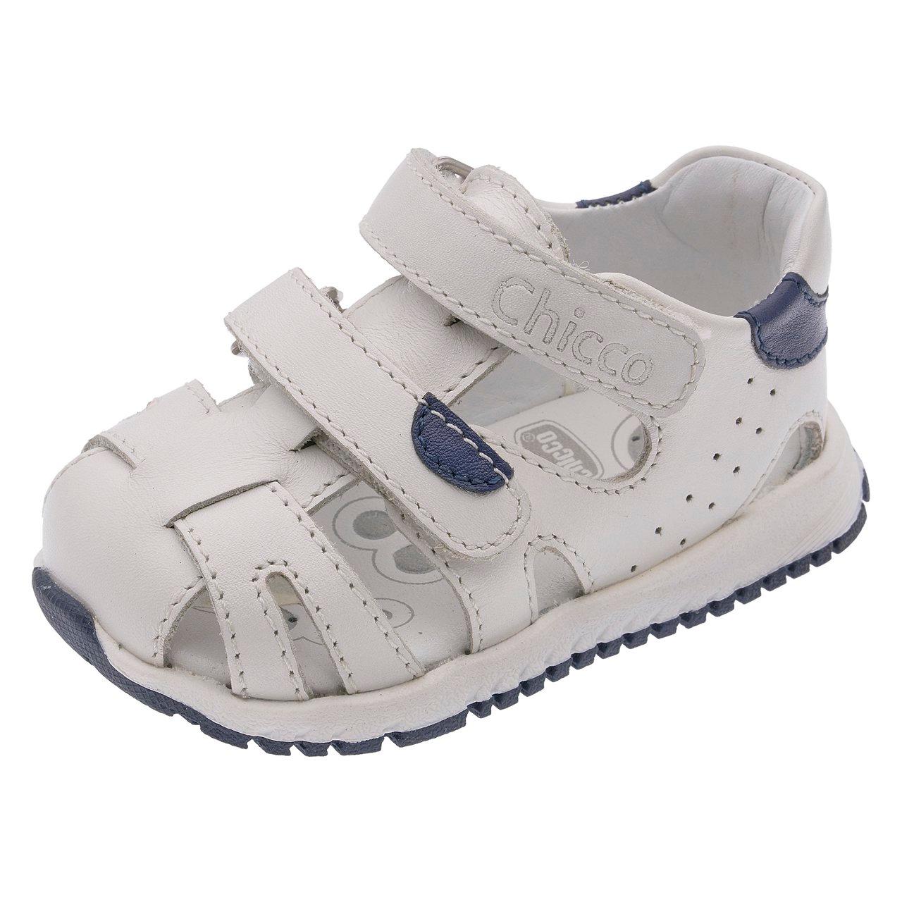 Sandalo primi passi Chicco Giabir unisex in pelle bianco con dettagli blu, punta chiusa e doppio strappo regolabile. | Chicco