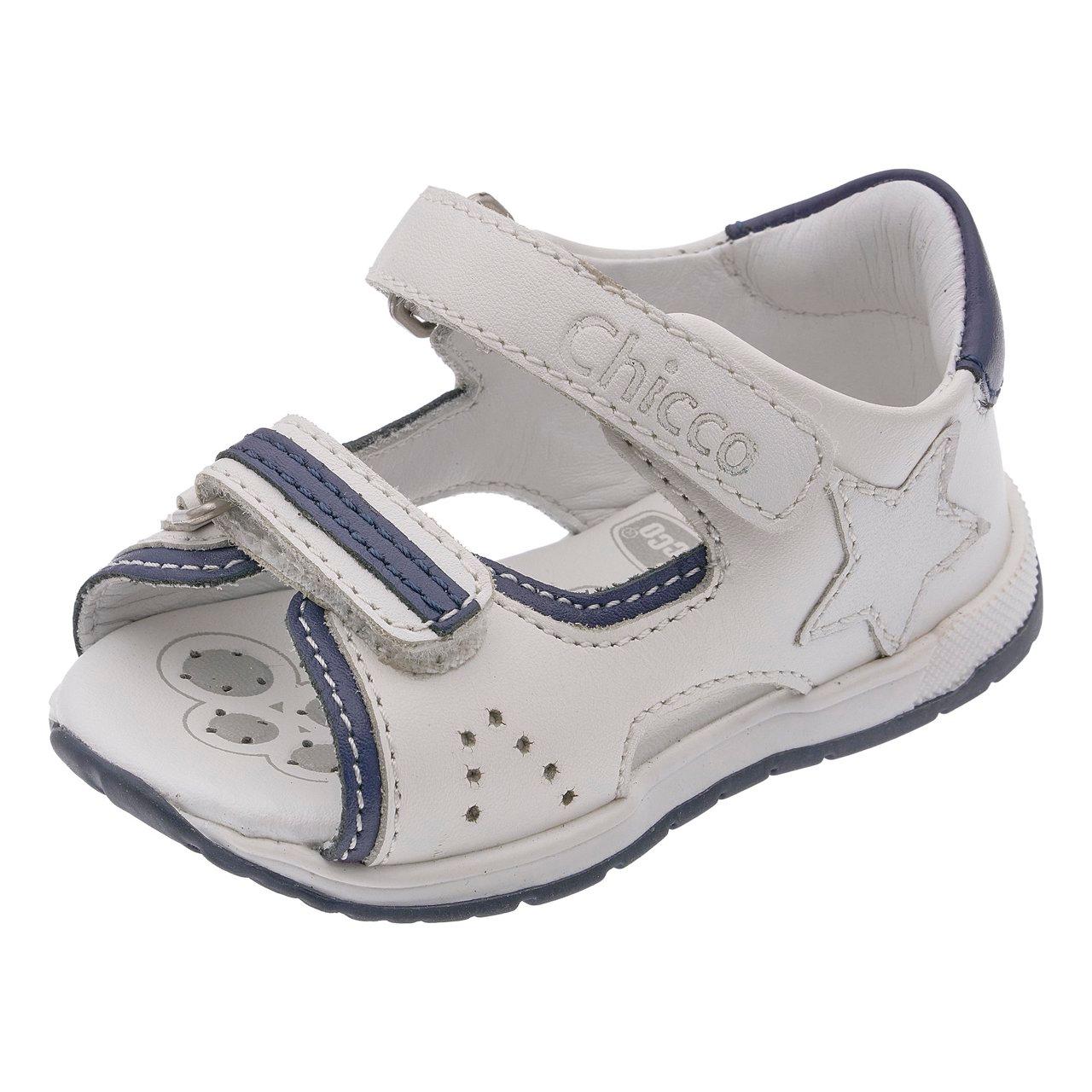 Sandalo primi passi Grimal bianco con dettagli blu, in pelle, unisex Chicco, con punta aperta e doppio strappo Flex-zone. | Chicco