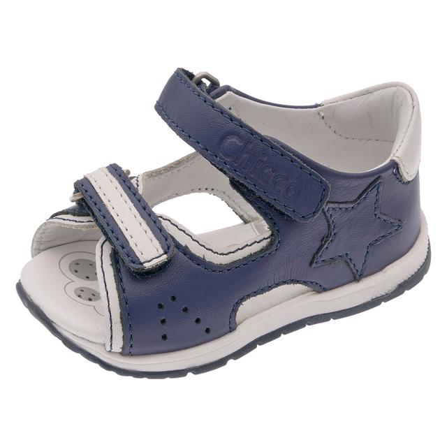 Sandalo primi passi Grimal bianco con dettagli blu, in pelle, unisex Chicco, con punta aperta e doppio strappo Flex-zone. | Chicco