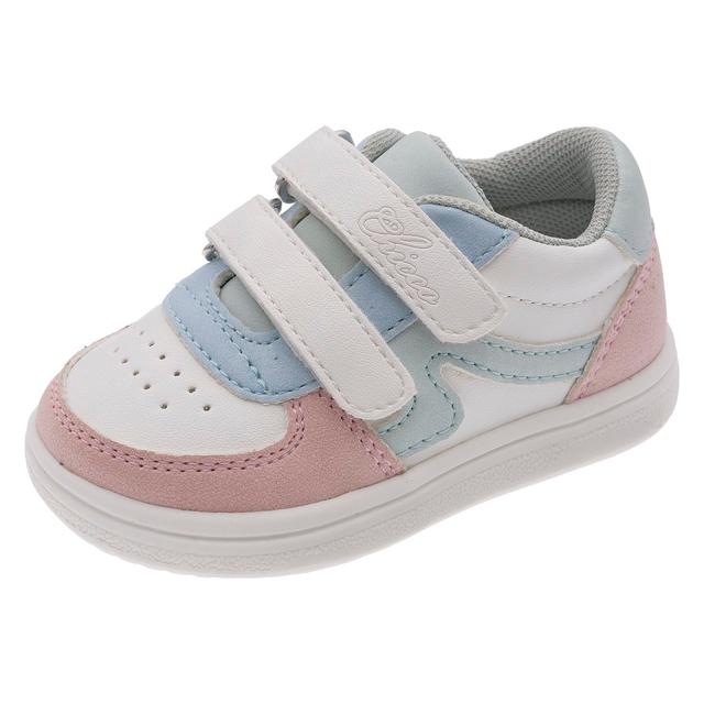 Sneakers primi passi Chicco Giki bianche con dettagli rosa e azzurri, chiusura doppio strappo e suola flessibile per bambina. | Chicco