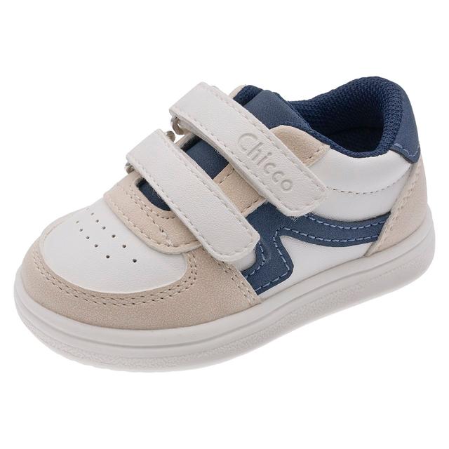Sneakers primi passi Chicco Giki bianche con dettagli rosa e azzurri, chiusura doppio strappo e suola flessibile per bambina. | Chicco