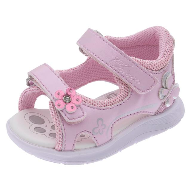 Sandalo primi passi da bambina Chicco rosa con inserti glitter e decorazioni floreali, suola arrotondata e doppio strappo. | Chicco