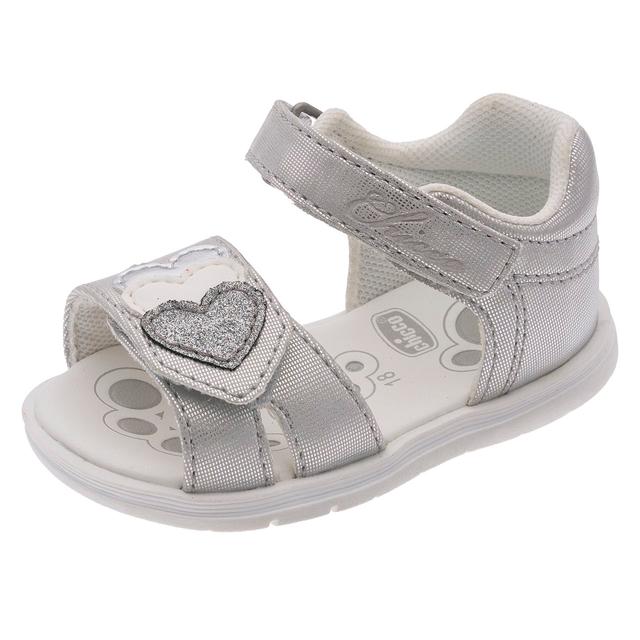 Sandalo primi passi argento per bambina Galta di Chicco con doppio strappo Flex-zone e decorazione a cuore, ideale per primavera/estate. | Chicco