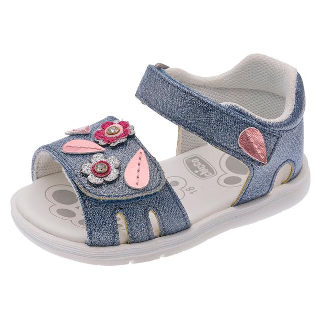 Sandalo primi passi per bambina Chicco effetto denim Jeans, con fiori e strass, doppio strappo regolabile e suola flessibile. | Chicco