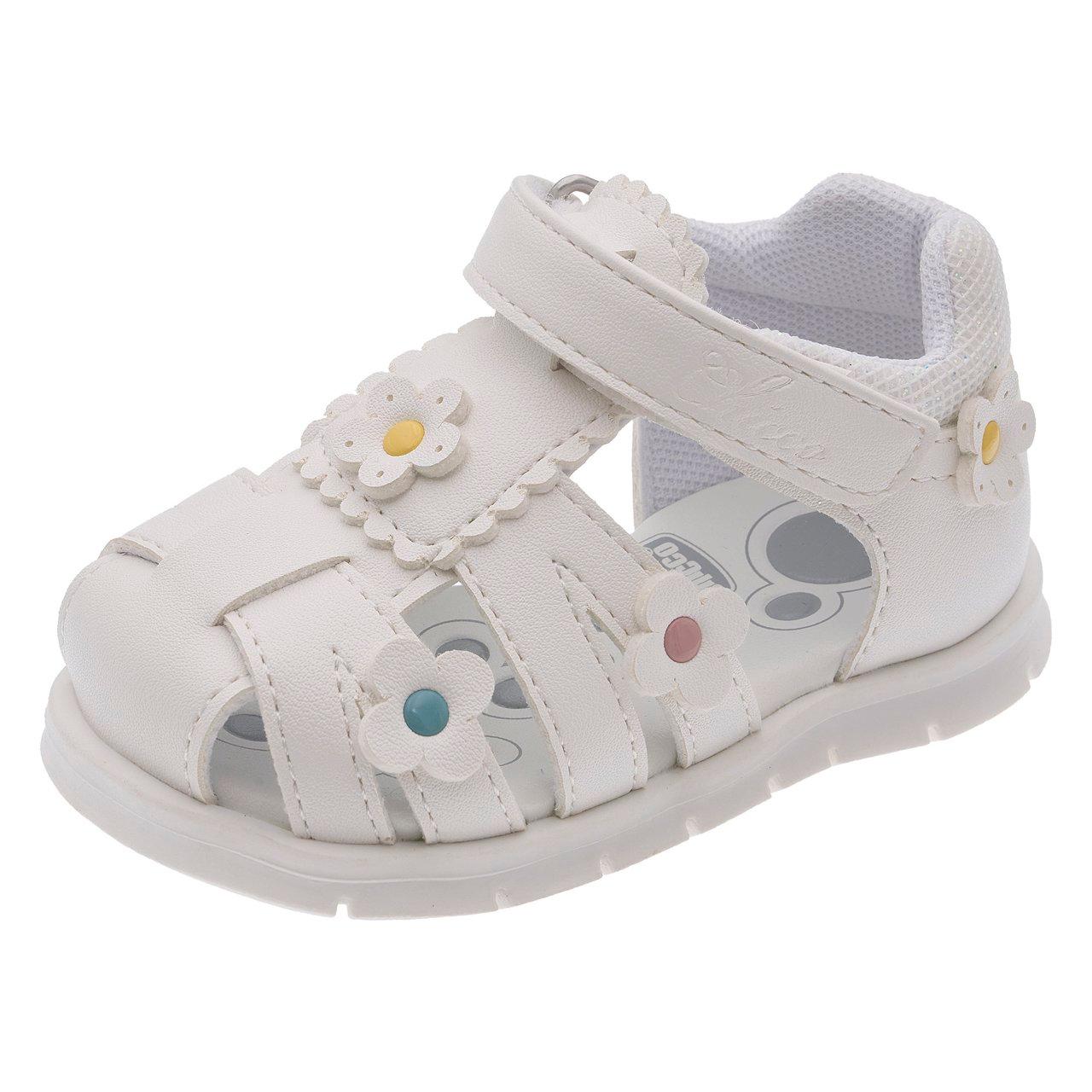 Sandalo primi passi da bambina Chicco Foggy bianco con applicazioni floreali multicolor e chiusura a strappo, ideale per primavera/estate. | Chicco