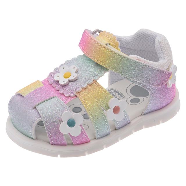 Sandalo primi passi da bambina Chicco Foggy bianco con applicazioni floreali multicolor e chiusura a strappo, ideale per primavera/estate. | Chicco