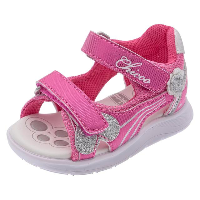 Sandalo primi passi Chicco Gritty rosa per bambina con inserti glitter, decorazioni floreali e cuori, suola flessibile e doppio strappo regolabile. | Chicco