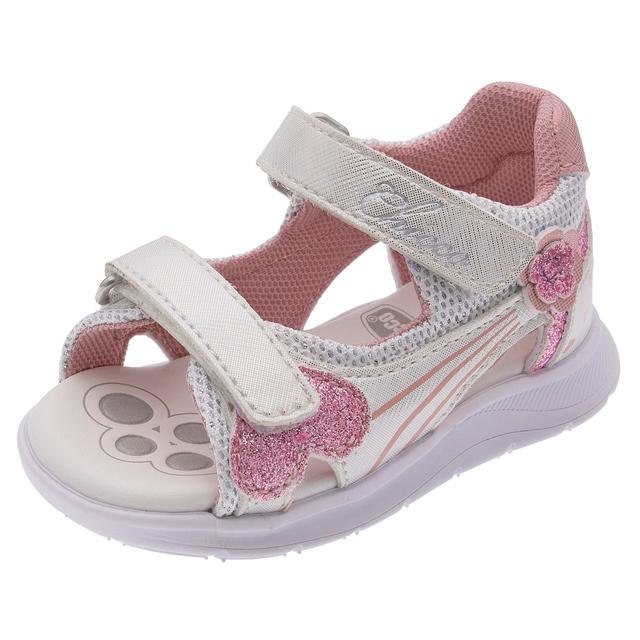 Sandalo primi passi Chicco Gritty rosa per bambina con inserti glitter, decorazioni floreali e cuori, suola flessibile e doppio strappo regolabile. | Chicco