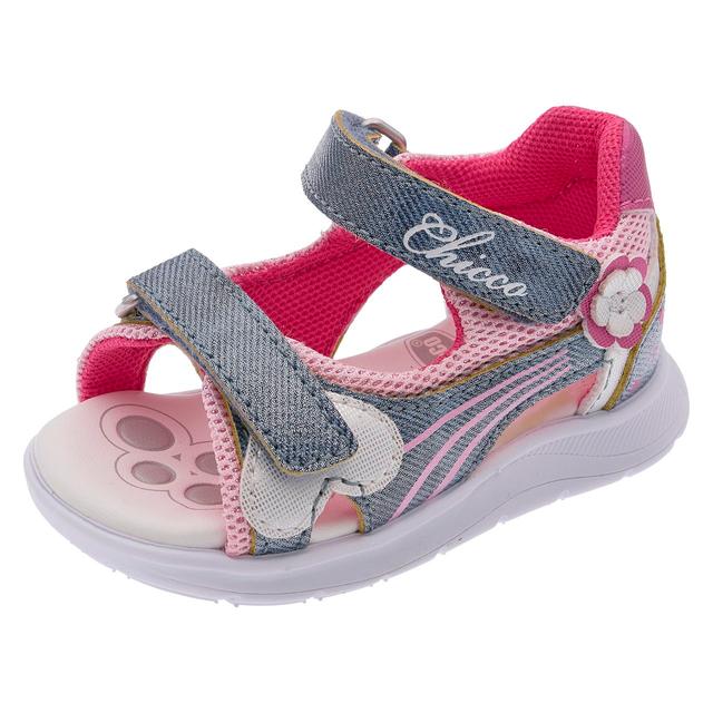 Sandalo primi passi Chicco Gritty rosa per bambina con inserti glitter, decorazioni floreali e cuori, suola flessibile e doppio strappo regolabile. | Chicco