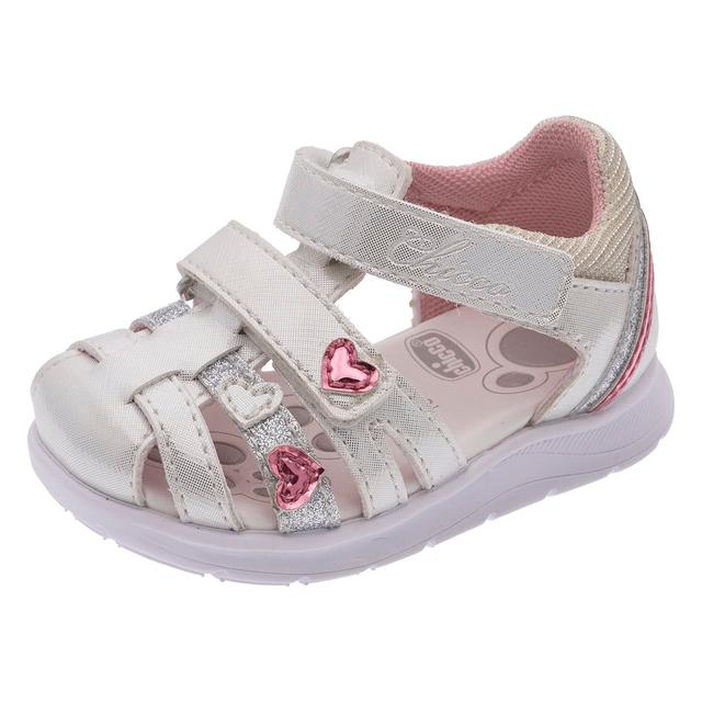 Sandalo primi passi da bambina Chicco rosa a punta chiusa con dettagli glitter e applicazioni a cuore, suola superleggera e doppio strappo regolabile. | Chicco