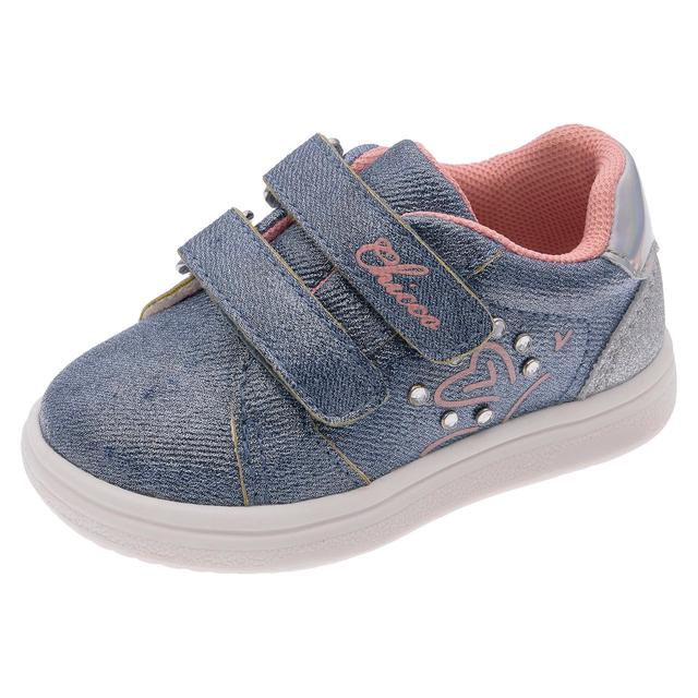 Sneakers primi passi Chicco per bambina, colore jeans, con strass e inserto glitterato argento, chiusura doppio strappo e suola flessibile. | Chicco