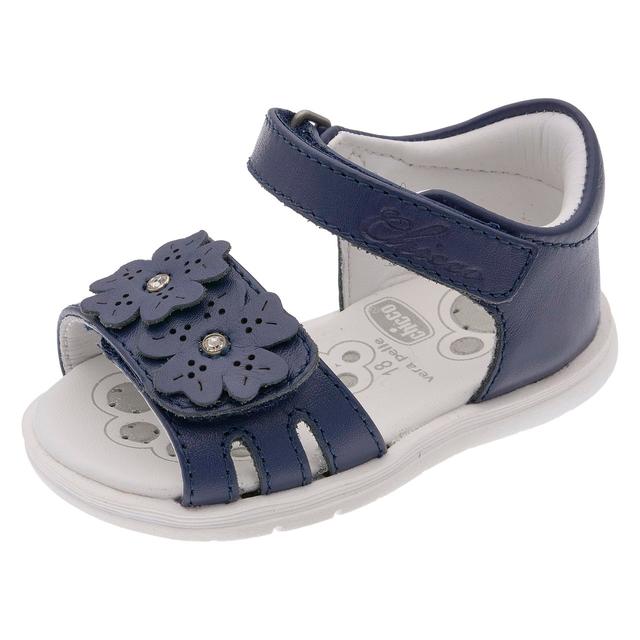 Sandalo primi passi da bambina Chicco Gesabel in pelle blu con decorazioni floreali e strass, chiusura a doppio strappo e suola flessibile. | Chicco