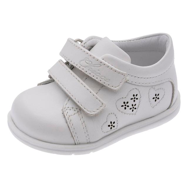 Sneakers primi passi Chicco Gledina bianche in pelle per bambina, con decorazione a cuore e doppio strappo regolabile. | Chicco