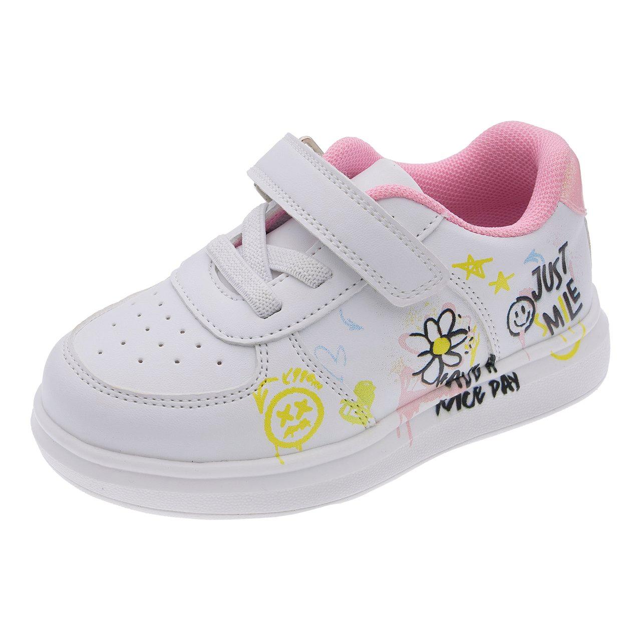 Sneakers bianche unisex Chicco per bambina, stile skater con stampa laterale su tomaia e suola, chiusura con strappo e lacci elastici. | Chicco