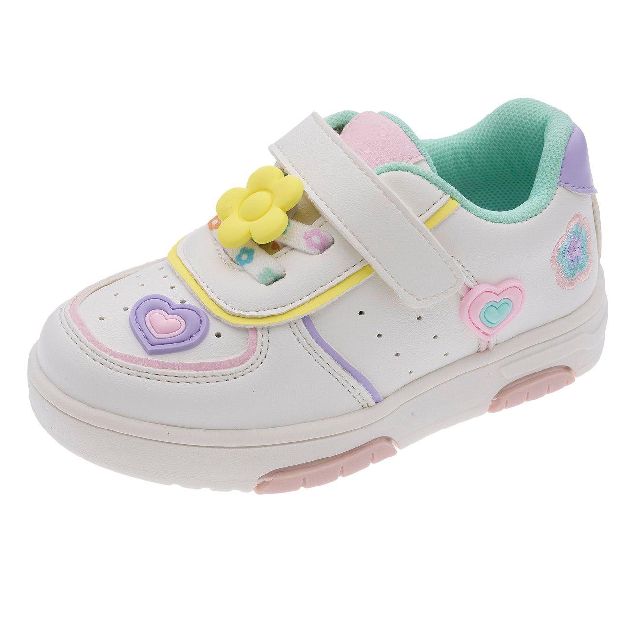 Sneakers Camala Chicco bianche per bambina con accessori tridimensionali e fodera verde acqua, chiusura a strappo e lacci elastici. | Chicco