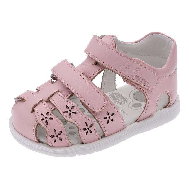 Sandalo primi passi in pelle rosa per bambina Chicco Gabon a punta chiusa con dettagli floreali e doppio strappo "Flex-zone". | Chicco