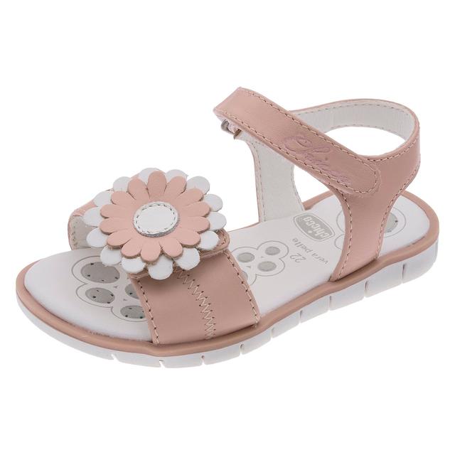 Sandalo da bambina Chicco Cambria rosa in pelle con decorazione floreale e chiusura a doppio strappo, suola Flex-zone e sottopiede Impronta Chicco. | Chicco