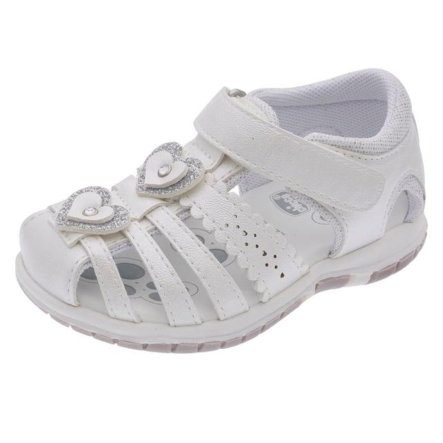 Sandalo Chicco Fiorda da bambina bianco con tomaia lucida, cuori, strass e suola flessibile, ideale per primavera/estate. | Chicco