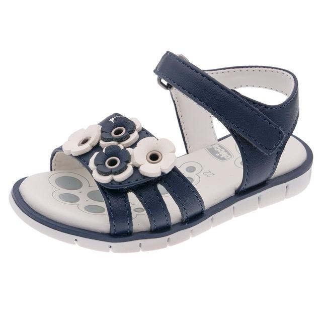 Sandalo da bambina Chicco blu con decorazioni floreali, chiusura a doppio strappo e suola flessibile. | Chicco