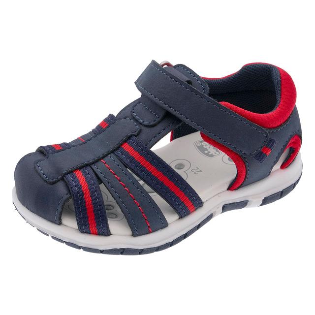 Sandalo bambino Chicco blu con dettagli rossi, punta e tallone chiusi, chiusura a strappo Flex-zone e suola flessibile per comfort estivo. | Chicco