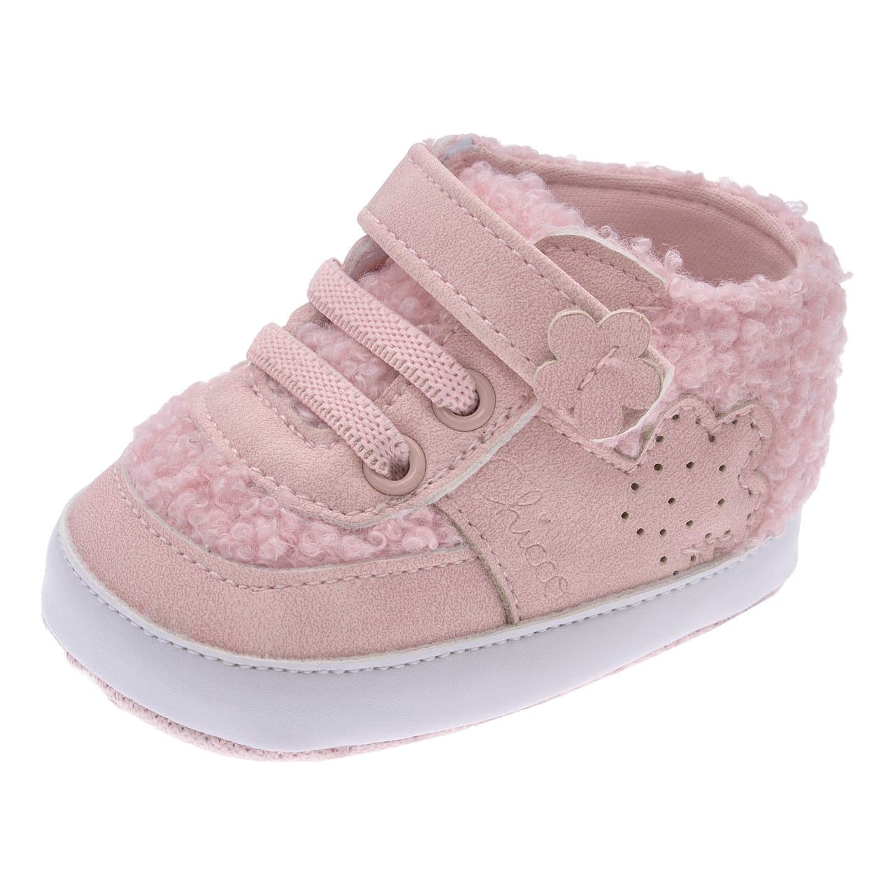 Polacchino Chicco Nairobi rosa da bambina con inserto bouclé, applicazione floreale, chiusura a strappo e lacci elastici, taglia 17. | Chicco