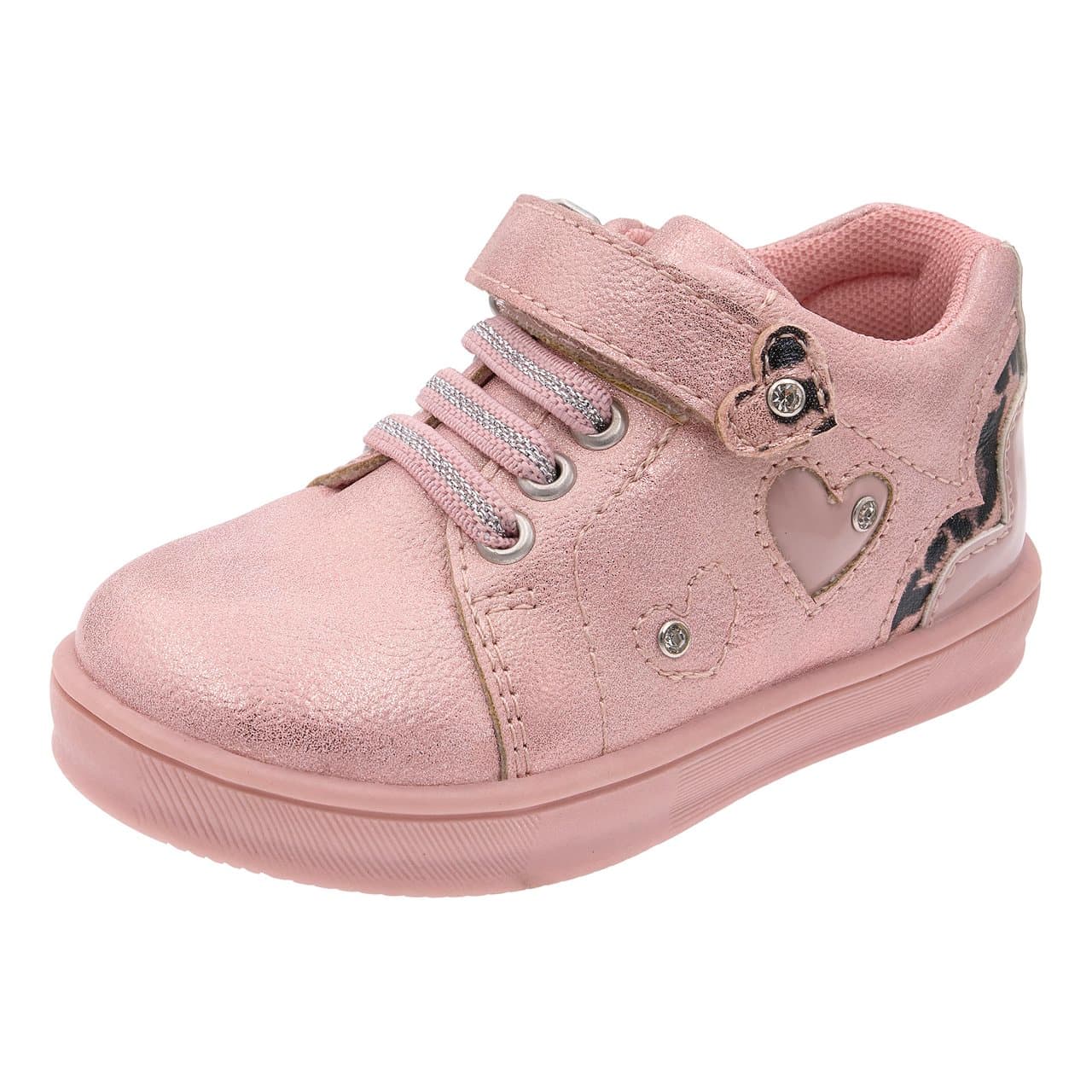 Polacchino da bambina Chicco Fadilla rosa con tomaia laminata, inserti animalier, applicazioni a cuore e strass, chiusura con strappo e lacci elastici. | Chicco