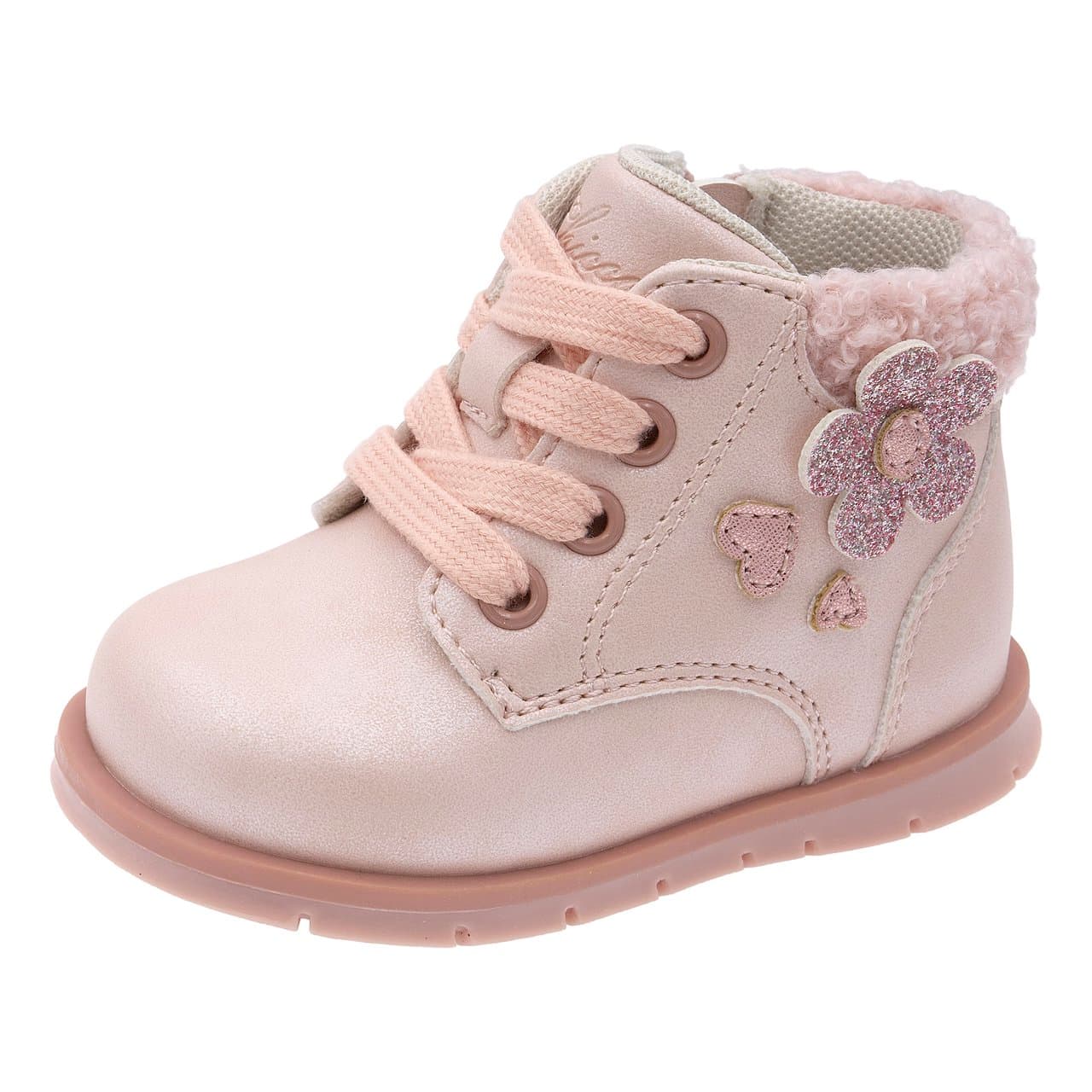 Polacchino primi passi da bambina Chicco rosa con applicazioni a cuore e fiore glitterato, collarino in pelliccia sintetica e chiusura con lacci e zip. | Chicco