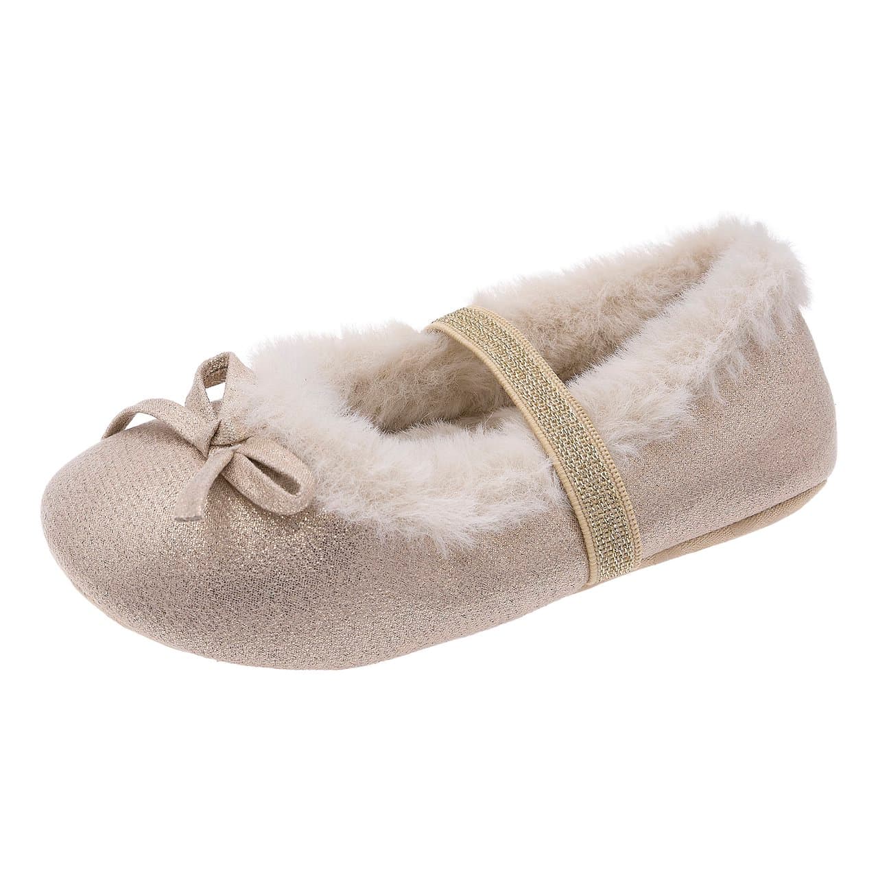 Pantofola ballerina Chicco gialla da bambina con fiocco laminato, fodera effetto pelliccia e forma arrotondata, regolabile con elastico. | Chicco