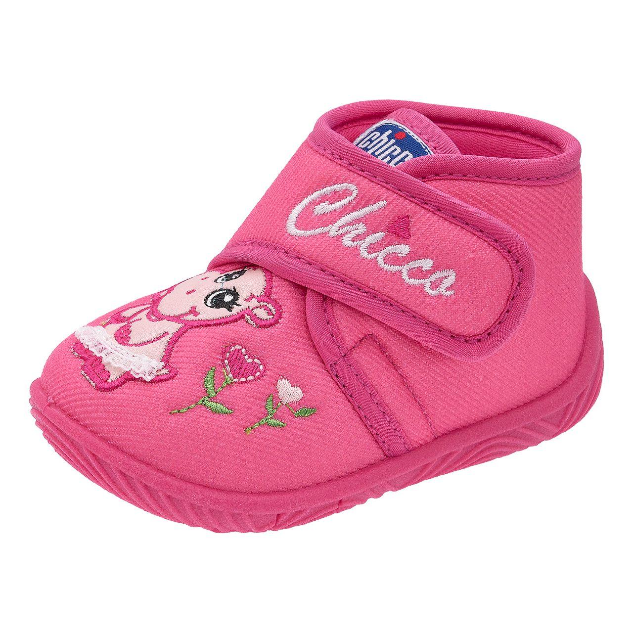 Pantofola bambina Chicco Tossy rosa con ricamo ippopotamo 3D, chiusura a strappo e suola flessibile. | Chicco