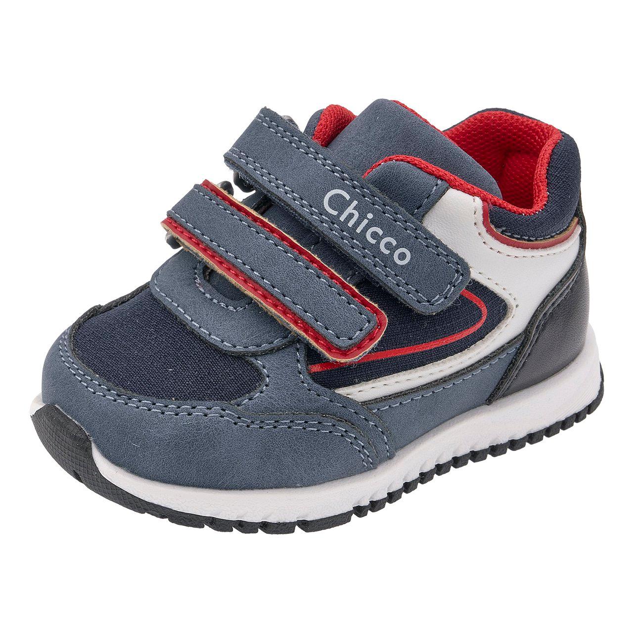 Sneakers primi passi unisex Chicco Gimon in colore jeans con inserti rossi, chiusura a doppio strappo e suola Flex-Zone. | Chicco