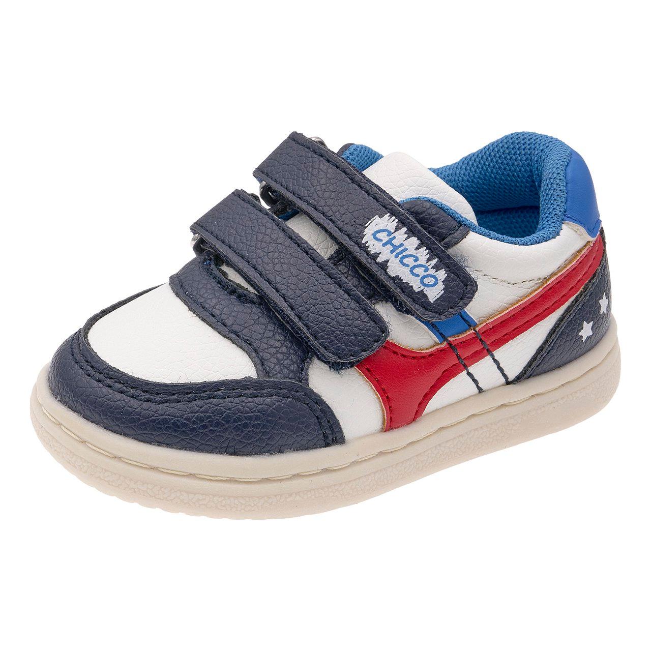 Sneakers primi passi Chicco unisex blu con dettagli rossi, chiusura a doppio strappo e suola Flex-Zone per un supporto ottimale. | Chicco