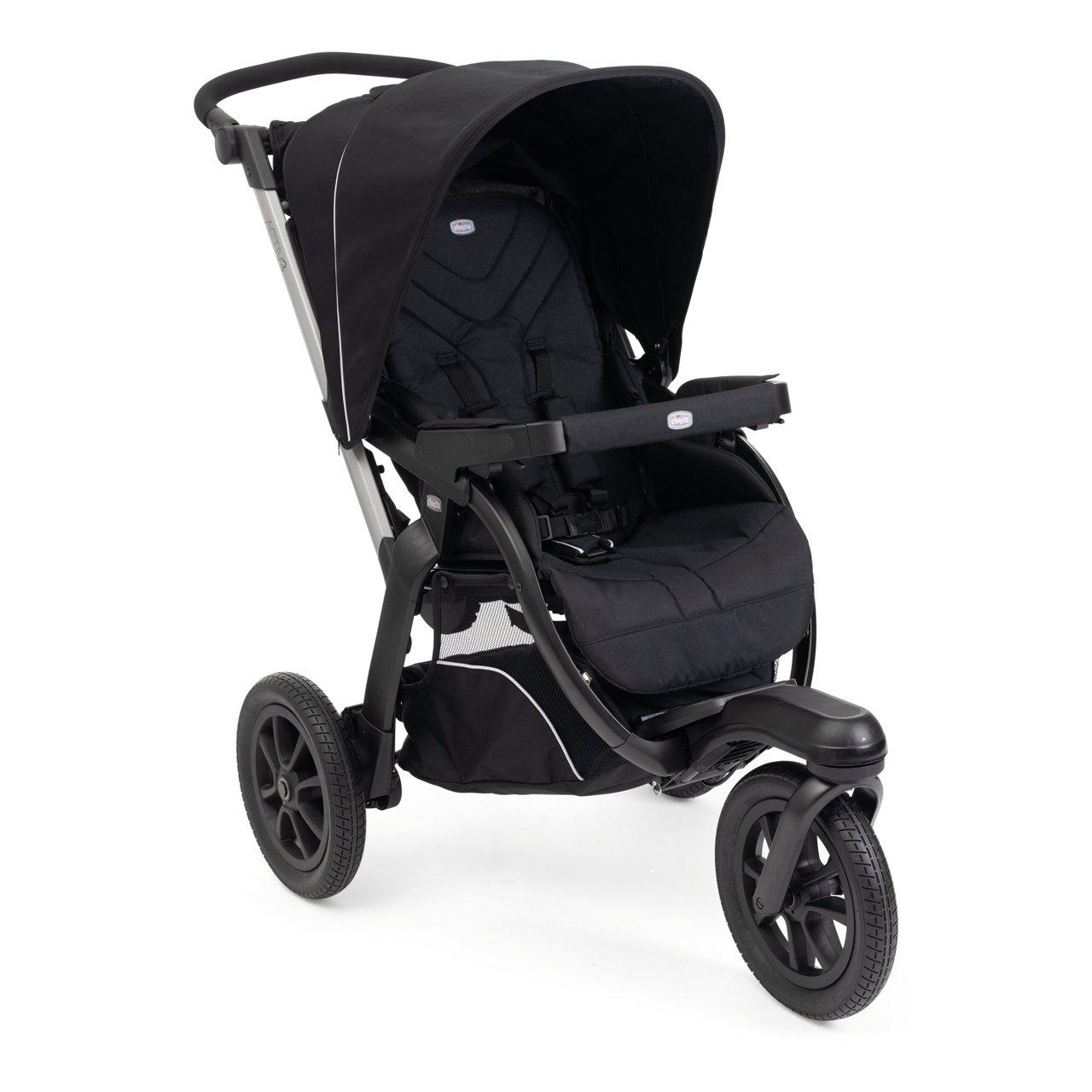 Passeggino Chicco Activ3 nero, a tre ruote con ruote XL antiforatura e sospensioni regolabili, ideale per genitori dinamici e ogni terreno. | Chicco